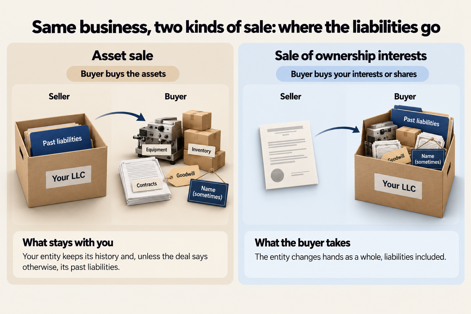 An asset sale moves the equipment, inventory, contracts and goodwill to the buyer while your LLC keeps its past liabilities; a sale of ownership interests hands over the whole LLC, liabilities included